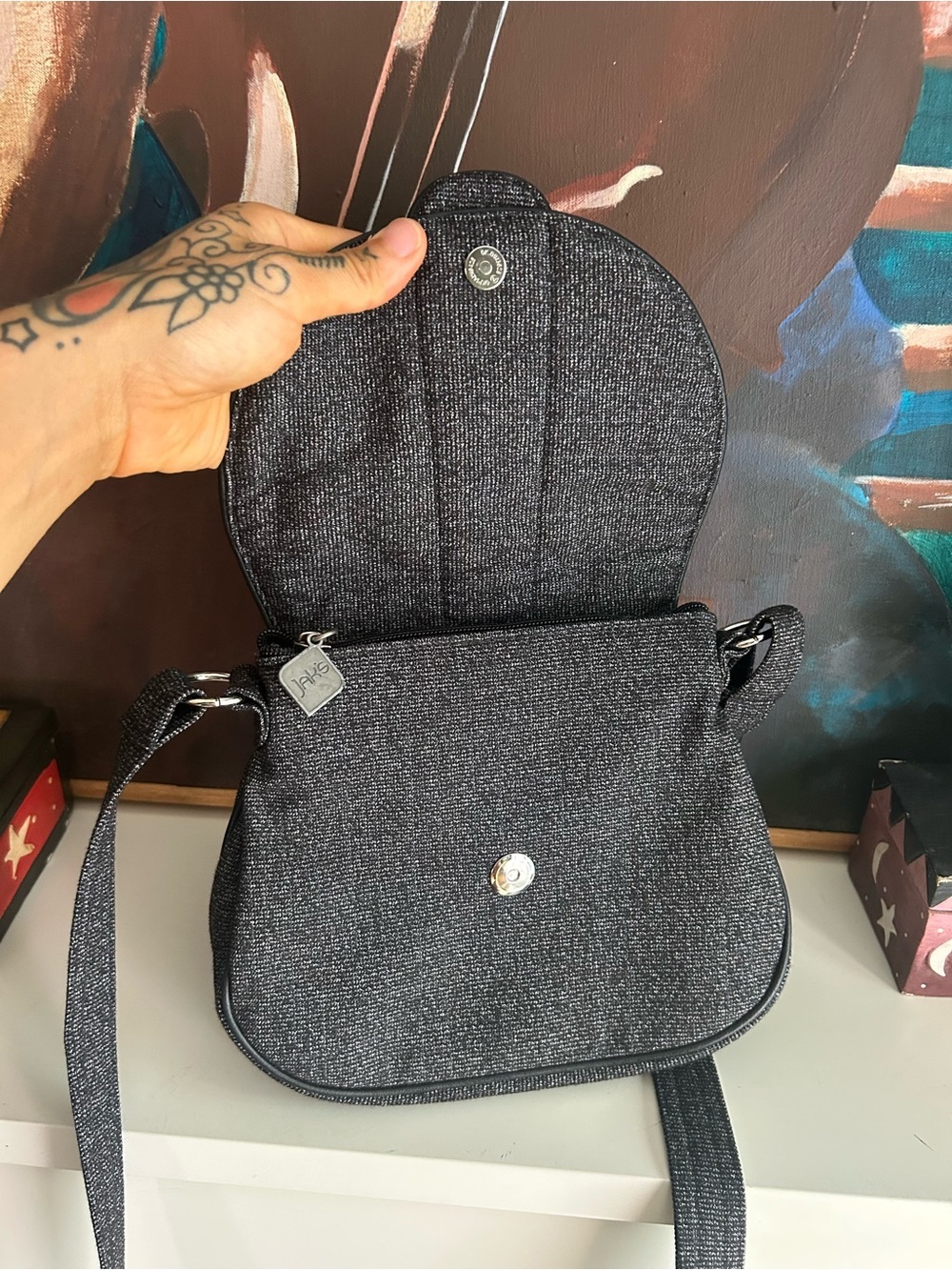 Jak’s Black Textured Crossbody Bag Red Button Retro Y2K Shoulder Purse - Picture 3 of 16